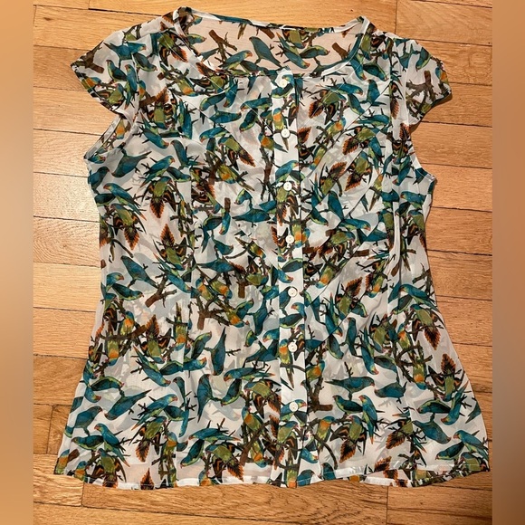 Lovely Sheer Tropical Birds Cap Sleeve Button Down Women’s M - Picture 7 of 7